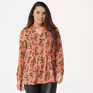 Joan Rivers Floral Print Pleated V Neck Blouse Peach Sz 16 XL QVC